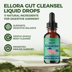 ELLORA Gut Cleanse Drops being poured for easy dosing into water.