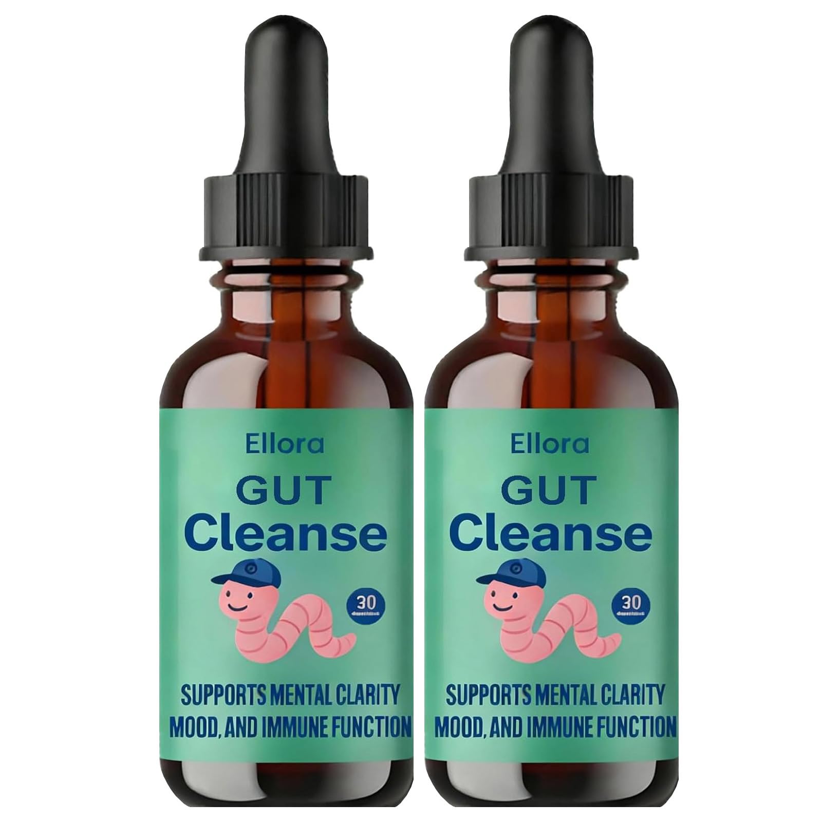 ELLORA Gut Cleanse Liquid Drops bottle shows 11-herb blend for gentle digestion