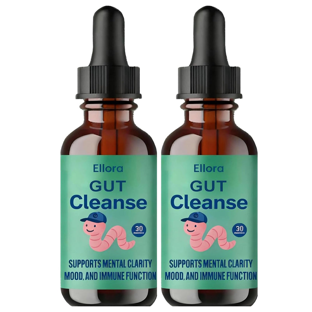 ELLORA Gut Cleanse Liquid Drops bottle shows 11-herb blend for gentle digestion
