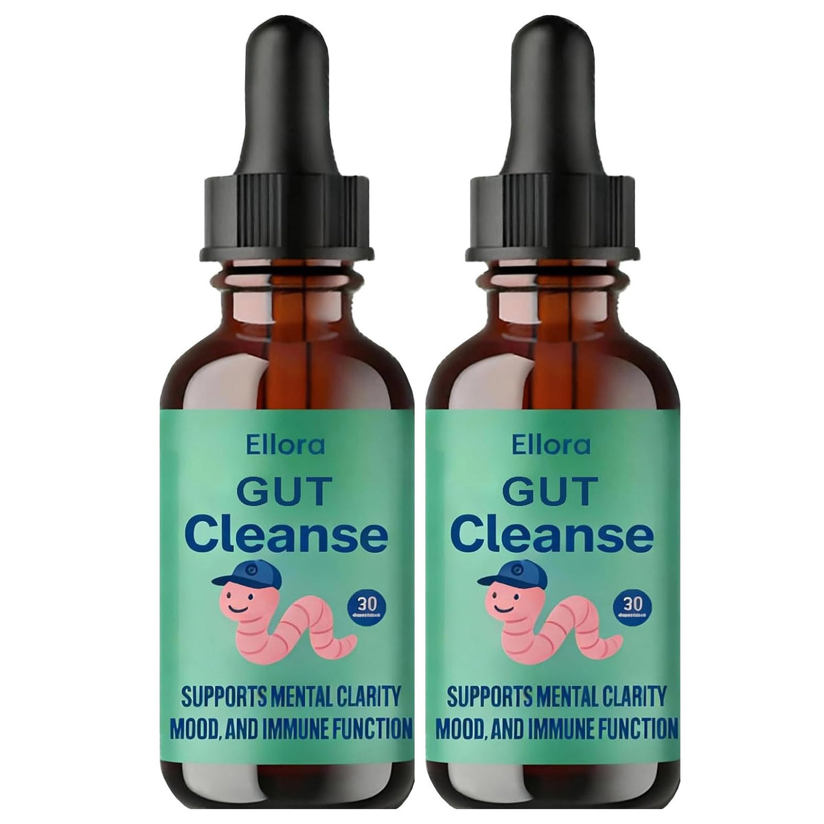 ELLORA Gut Cleanse Liquid Drops bottle shows 11-herb blend for gentle digestion