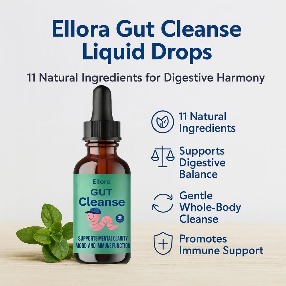 ELLORA Gut Cleanse Liquid Drops label highlights ingredients and natural formulation