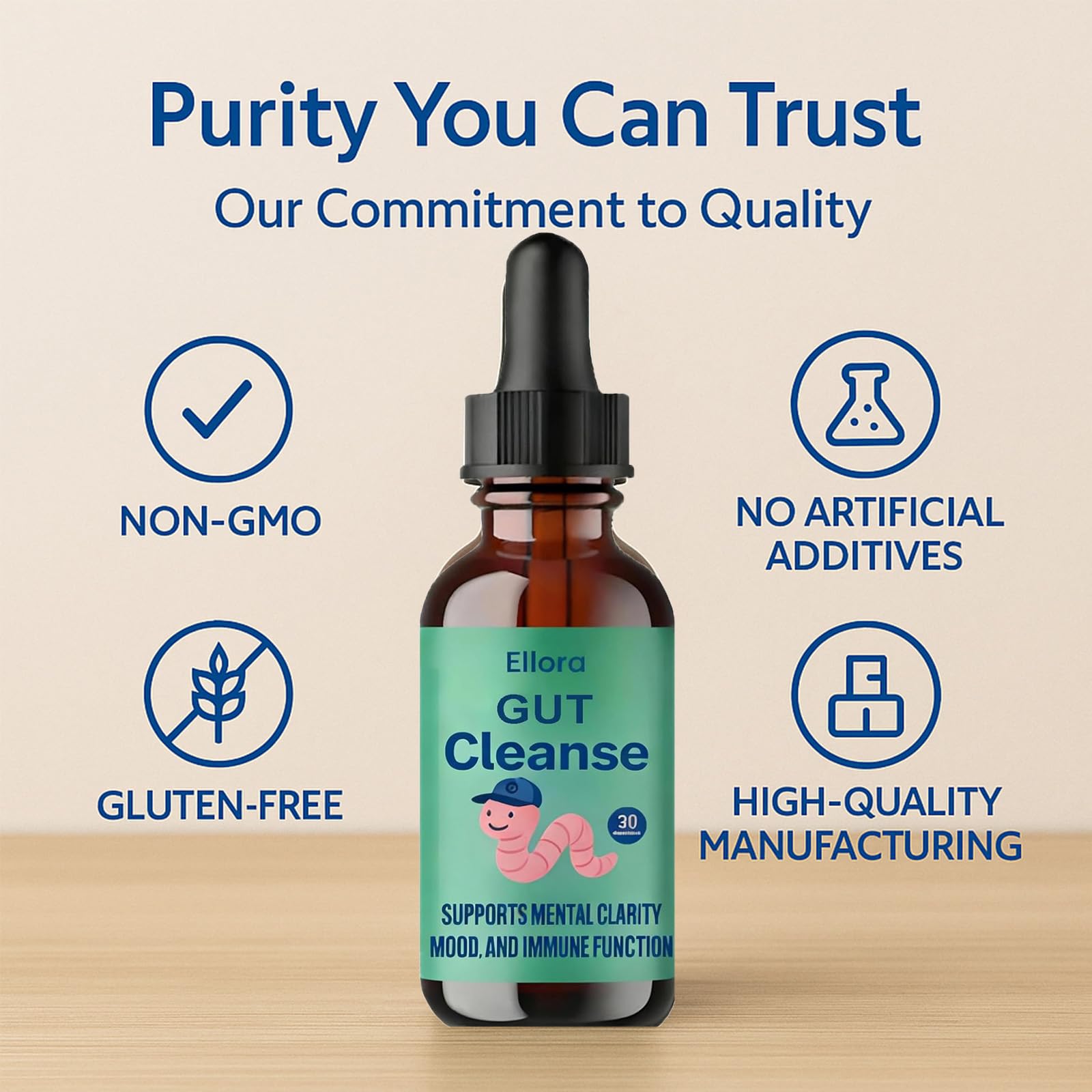 ELLORA Gut Cleanse Liquid Drops poured into tea or juice for easy daily use