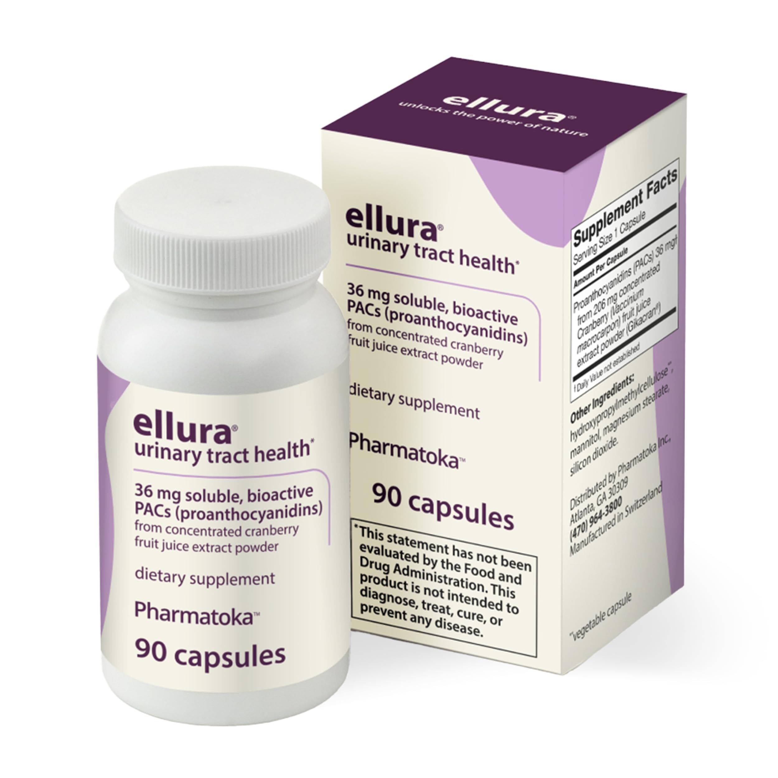 Ellura capsules beside bottle showcasing clinically backed PACs for urinary health.