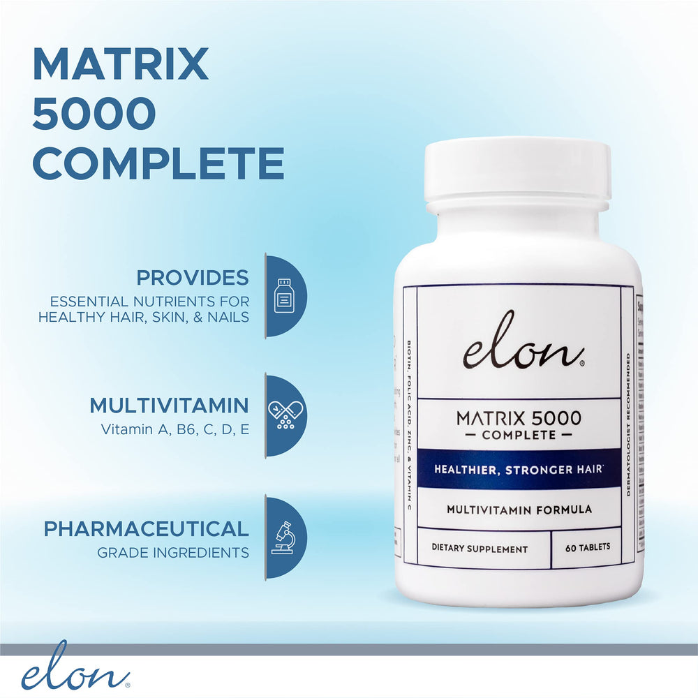 Elon Matrix 5000 bottle close-up highlights biotin-rich formula for nails and skin.