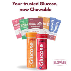ELOVATE gluten-free-fat-free glucose tablets without caffeine.