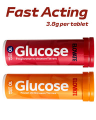 Close-up of ELoVATE raspberry glucose tablet ready to chew for fast relief.