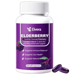 ELSORY Elvera bottle front shows the 120-count elderberry capsules for daily immune support.