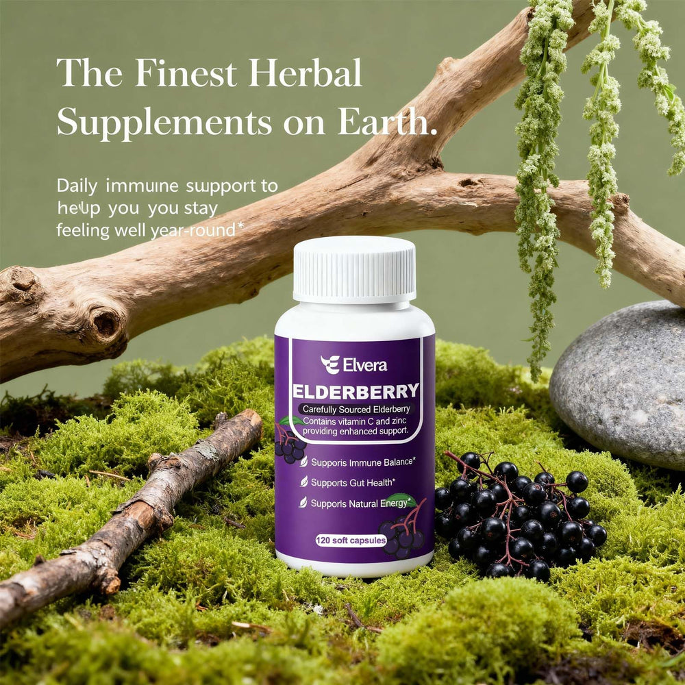ELSORY Elvera bottle side detail highlights vegan, non-GMO formula for clean daily wellness.