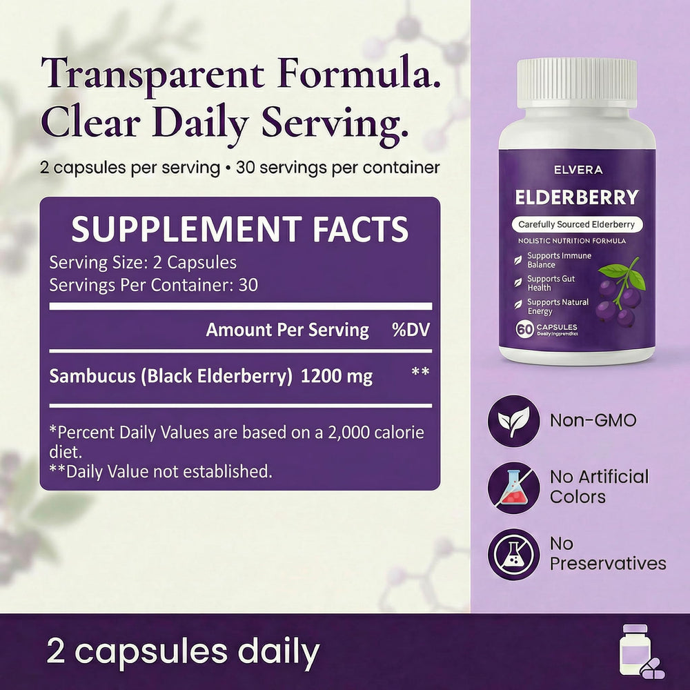 ELVERA Elderberry capsules closeup for convenient daily wellness