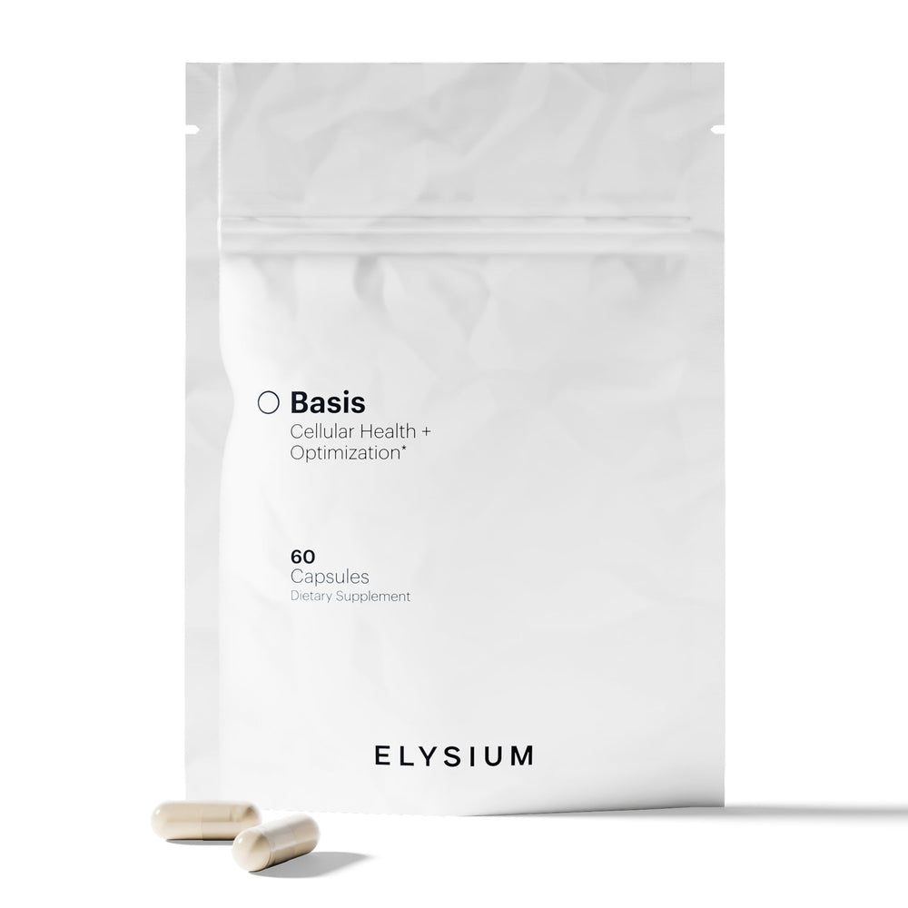 ELYSIUM Basis bottle-front image highlighting NAD+ support for healthy aging
