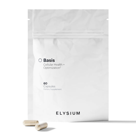 ELYSIUM Basis bottle-front image highlighting NAD+ support for healthy aging