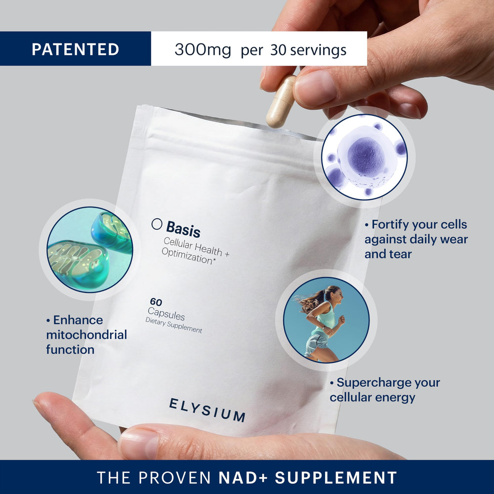 ELYSIUM Basis label-detail focusing on NR-E and PT ingredients for cellular energy support