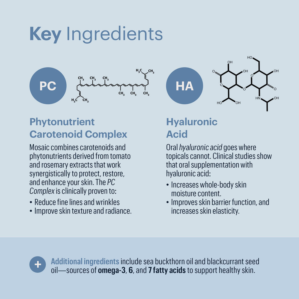Glass of water beside ELYSIUM Mosaic softgels for daily use.
