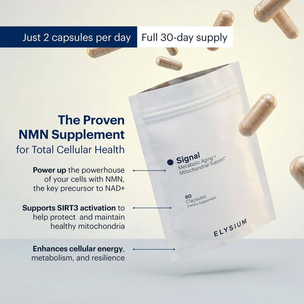 ELYSIUM Signal NMN bottle label close-up emphasizing purity and science