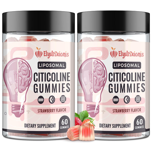 Elystrixionis citicoline supplement bottle with strawberry gummies for daily cognitive support.