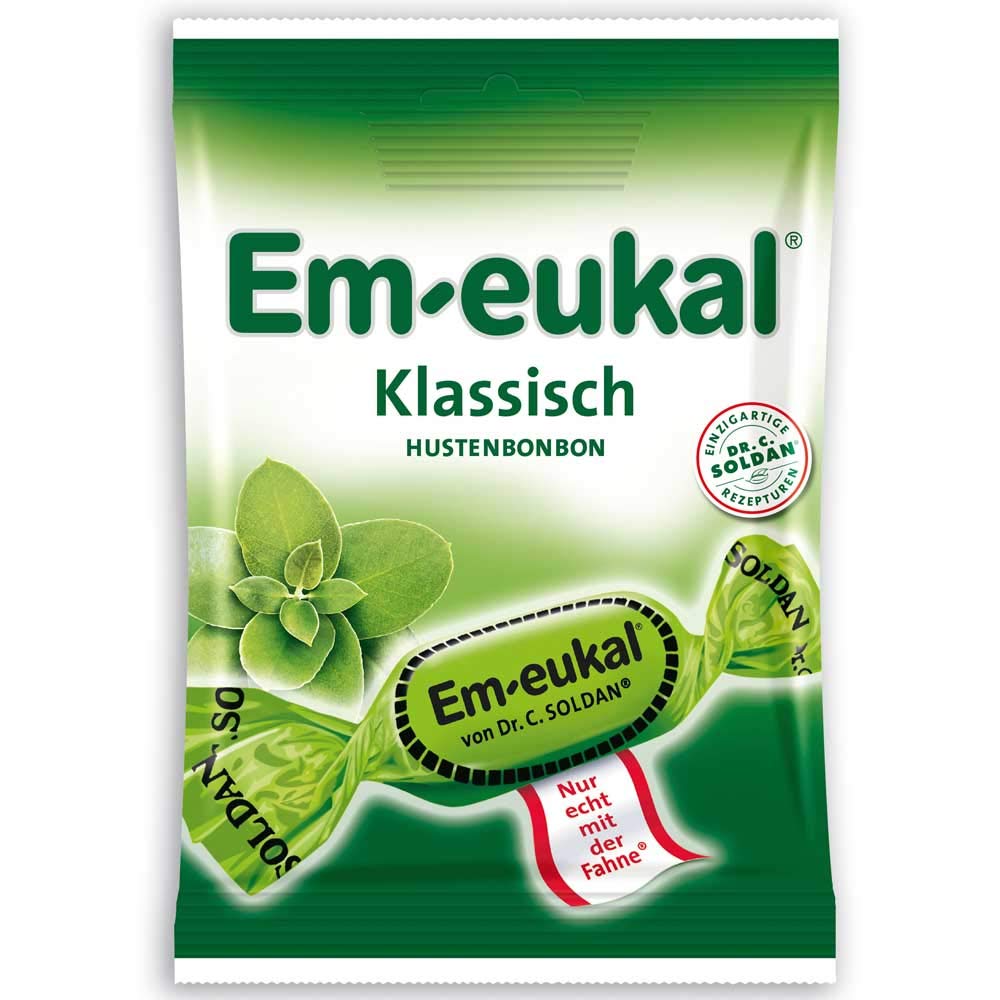 Em-Eukal Classic throat lozenges in individually wrapped packaging with menthol and eucalyptus for throat comfort