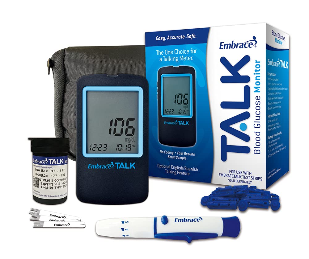 Embrace Talk blood glucose meter front view with carrying case for easy at-home testing