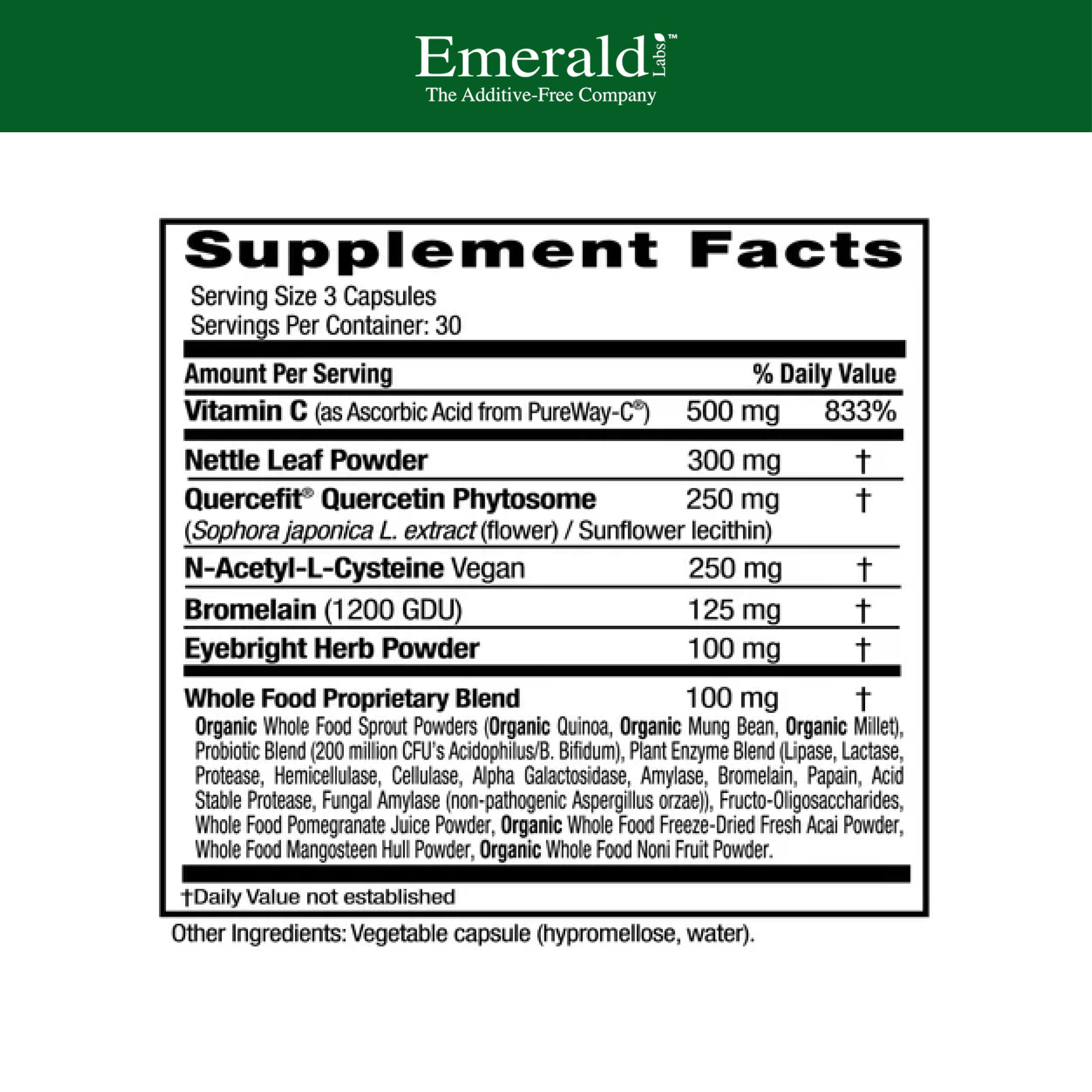 EMERALD LABS Allergy Health capsules for daily vegan, gluten-free use.