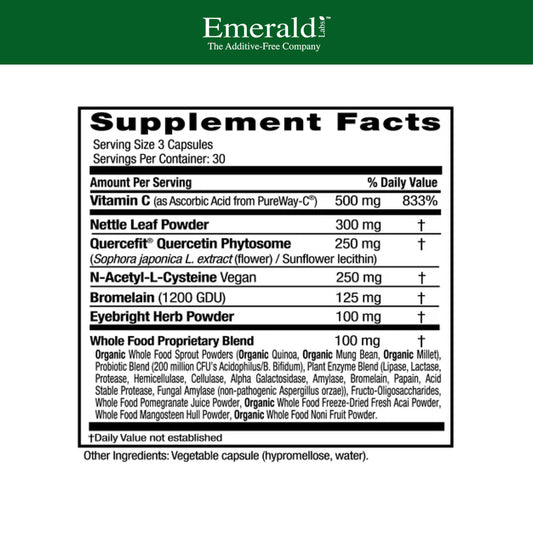 EMERALD LABS Allergy Health capsules for daily vegan, gluten-free use.