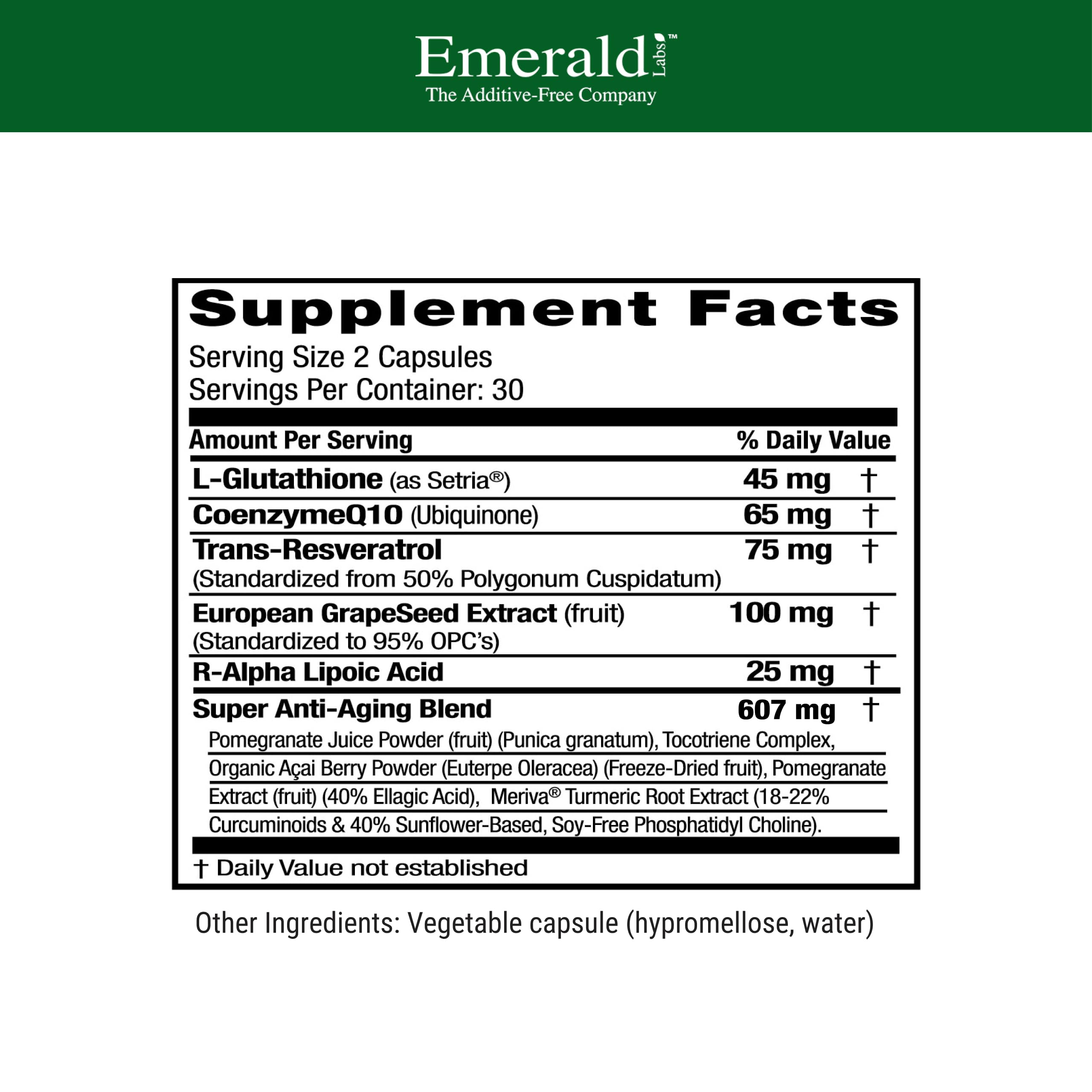 Emerald Labs anti-aging cellular complex capsules closeup showing easy-to-swallow format