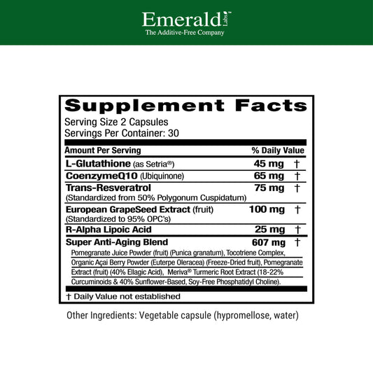 Emerald Labs anti-aging cellular complex capsules closeup showing easy-to-swallow format