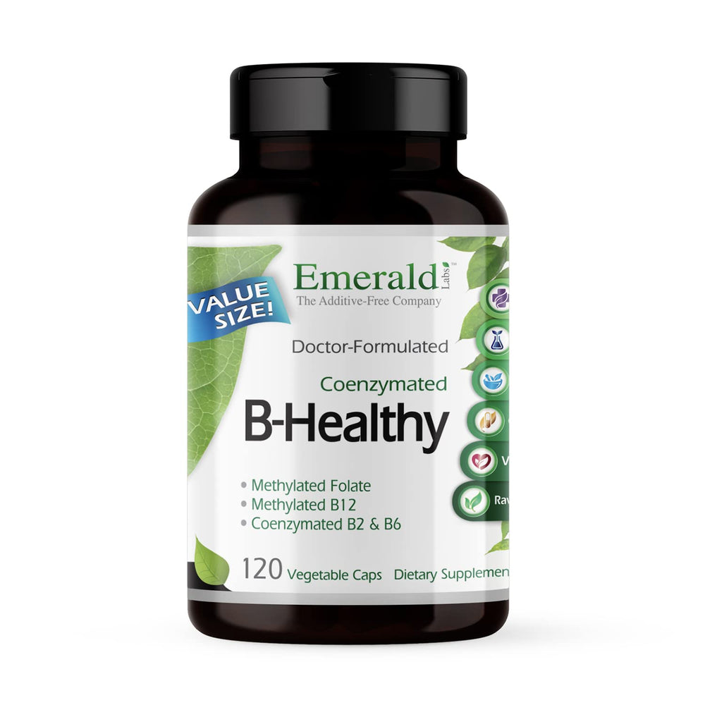 Emerald Labs B-Healthy bottle front shows vegan B complex for daily energy