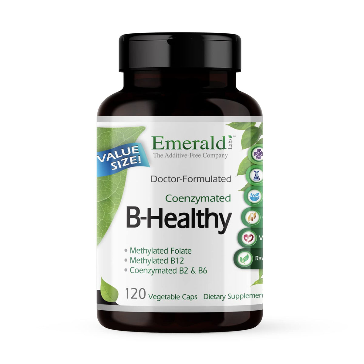 Emerald Labs B-Healthy bottle front shows vegan B complex for daily energy