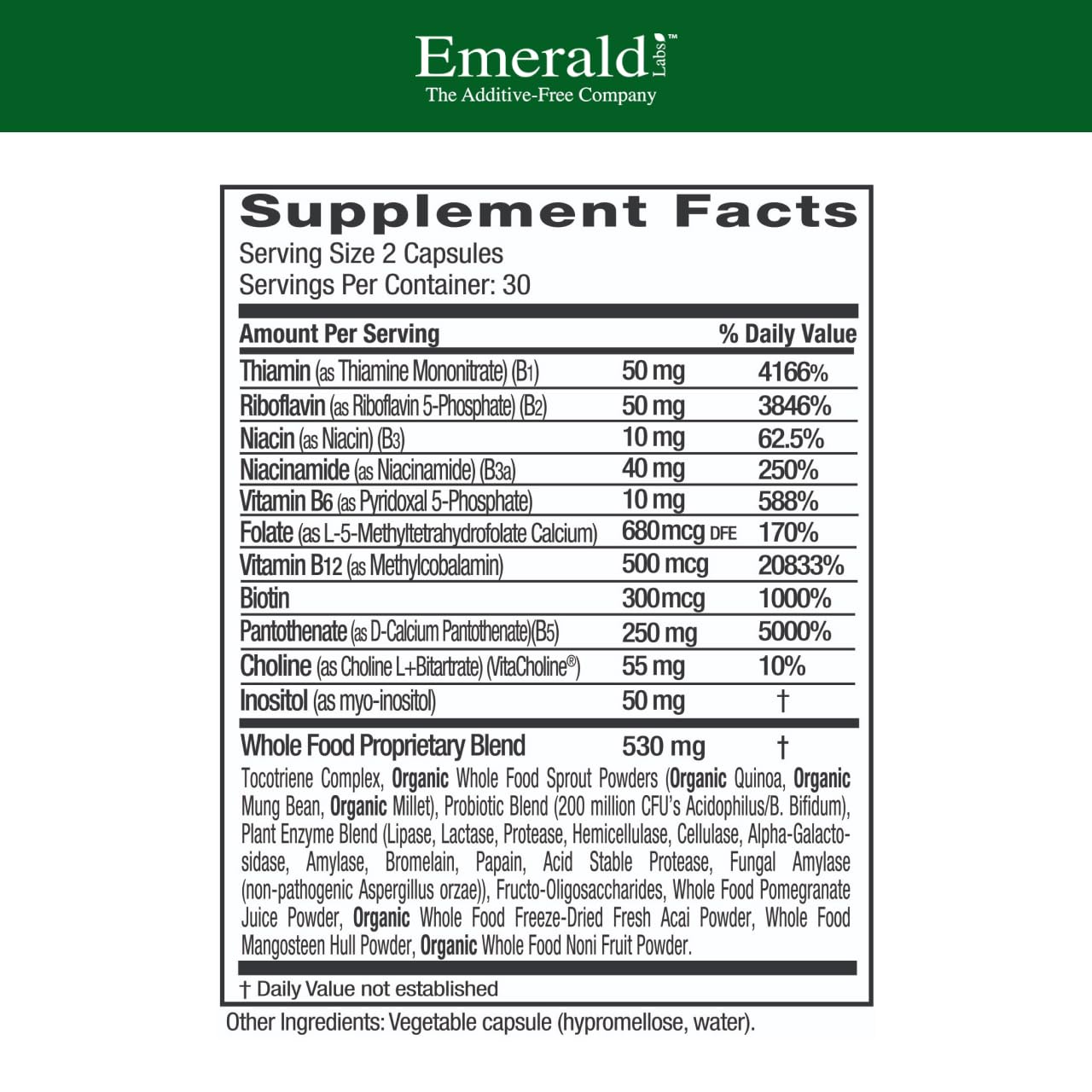 Emerald Labs B-Healthy capsules arranged highlighting full spectrum B vitamins for energy and focus