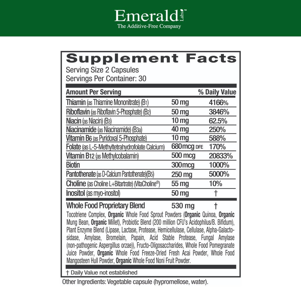 Emerald Labs B-Healthy capsules arranged highlighting full spectrum B vitamins for energy and focus