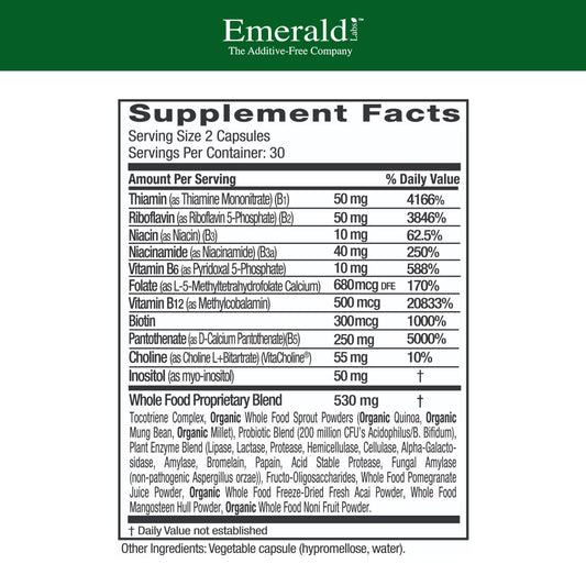 Emerald Labs B-Healthy capsules arranged highlighting full spectrum B vitamins for energy and focus