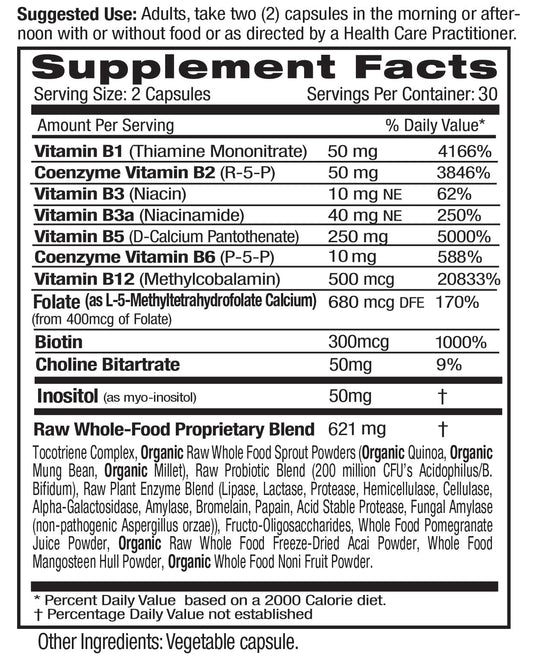 Emerald Labs B-Healthy label close-up highlighting methylated folic acid and B vitamins