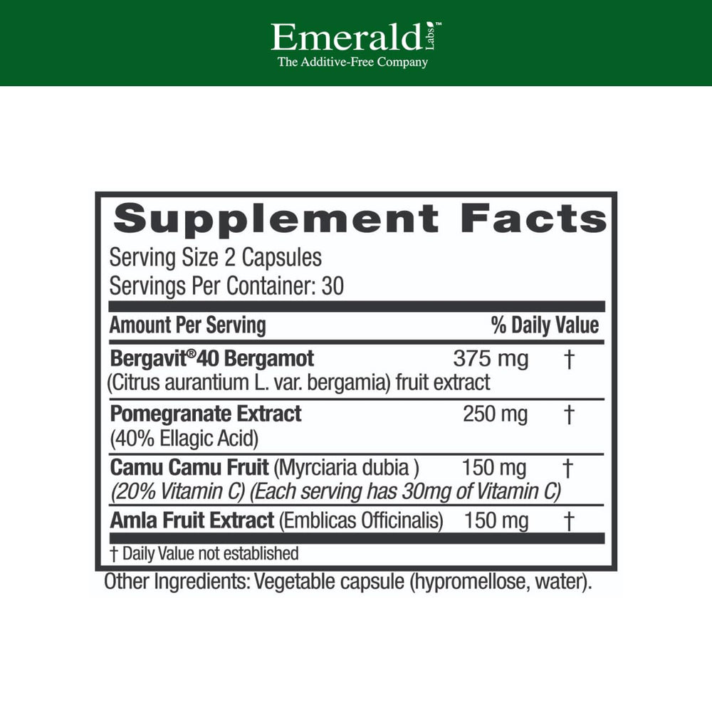 Close-up of bergamot fruit with EMERALD LABS Bergamot+ for a metabolism-supporting blend.