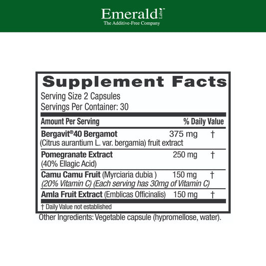 Close-up of bergamot fruit with EMERALD LABS Bergamot+ for a metabolism-supporting blend.