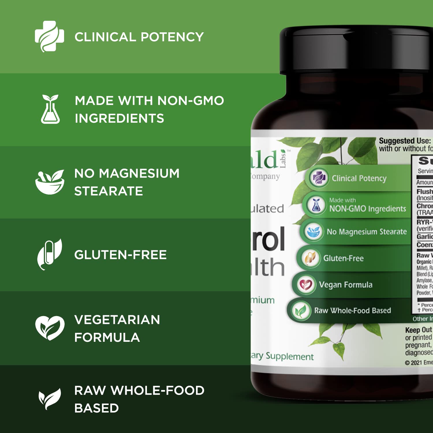 Emerald Labs Cholesterol Health bottle featuring garlic for circulatory wellness