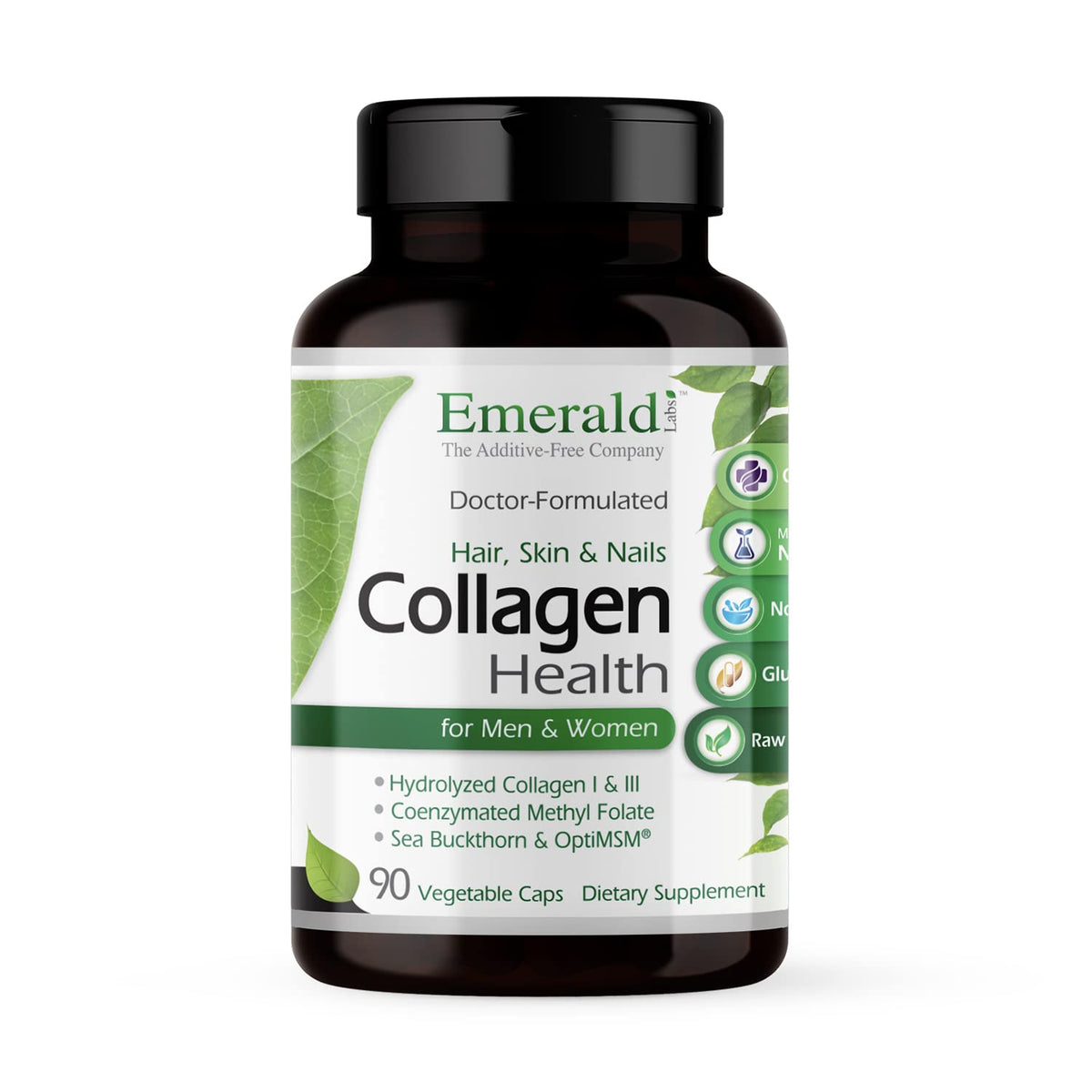 Emerald Labs Collagen Health bottle pour shows convenient daily dosage for hair, skin, nails.