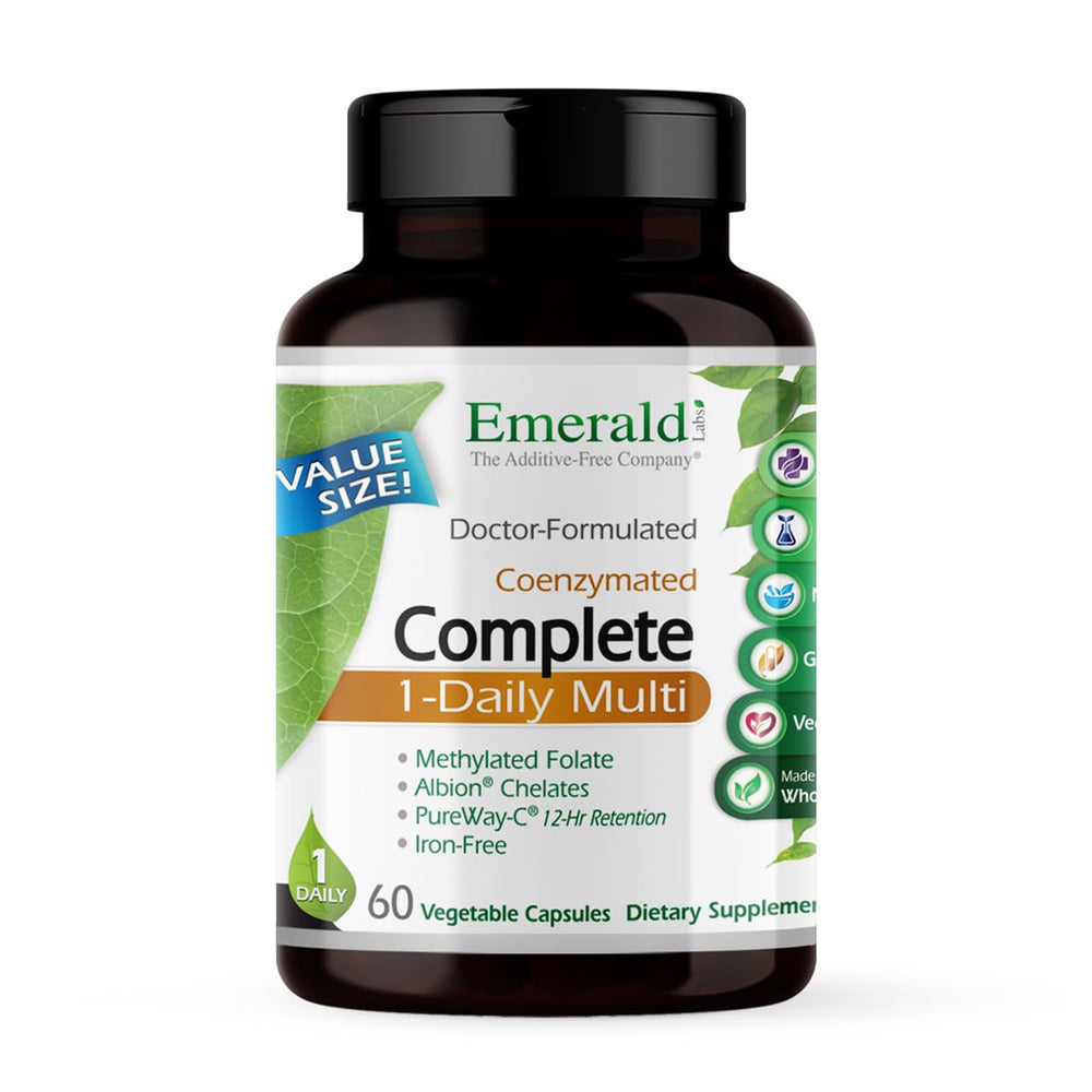 EMERALD LABS Complete 1-Daily Multi bottle on a table for daily immune and energy support.