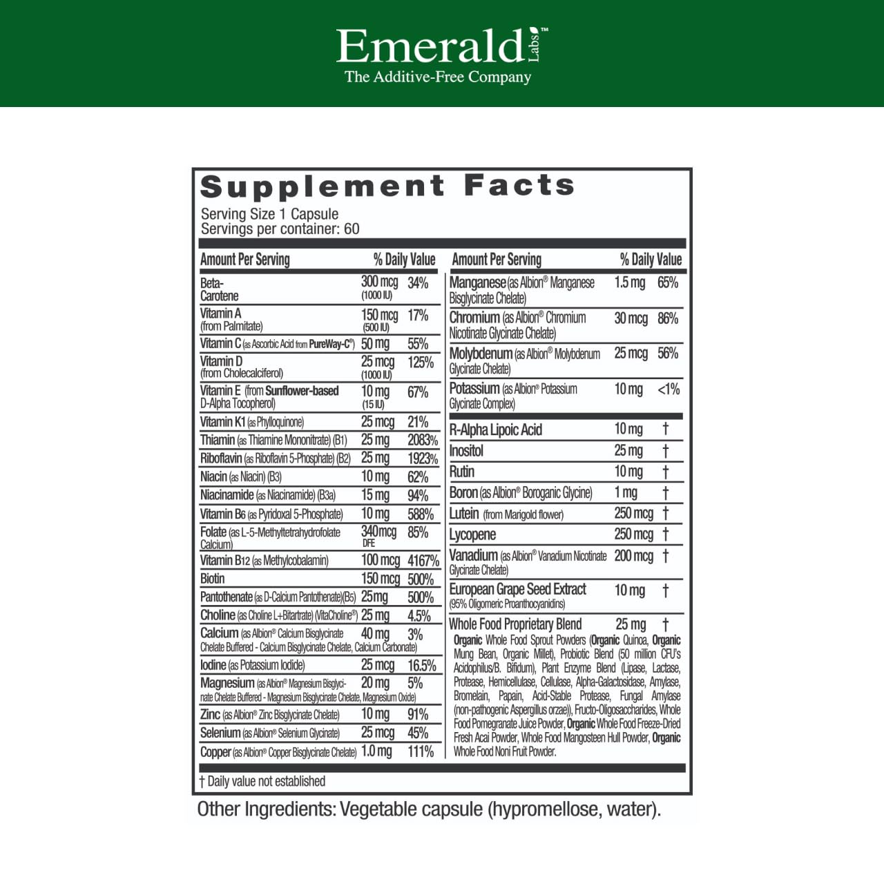 Close-up of EMERALD LABS Complete 1-Daily Multi capsules showing easy daily dose.