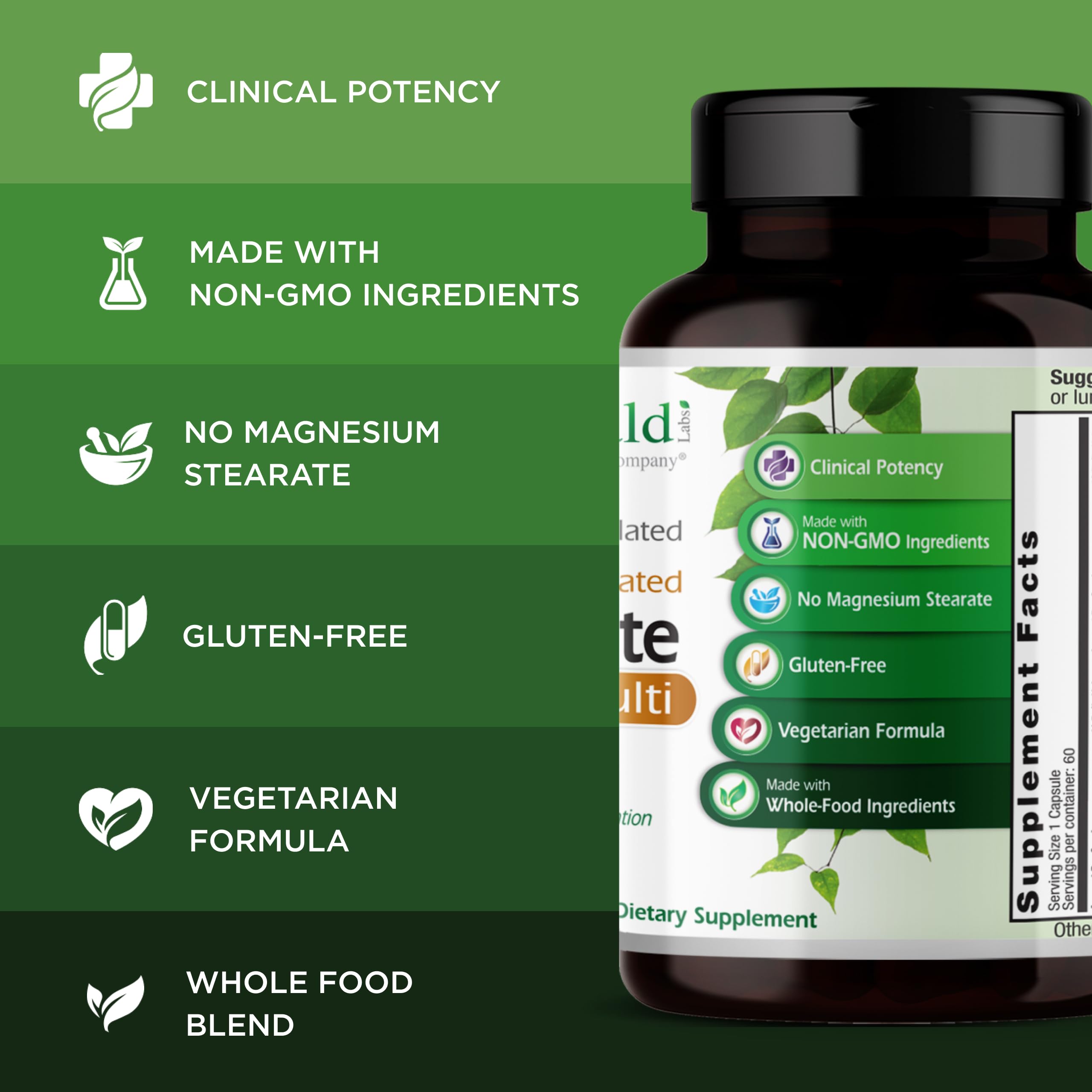 Graphic of EMERALD LABS Complete 1-Daily Multi ingredients and whole-food nutrients.