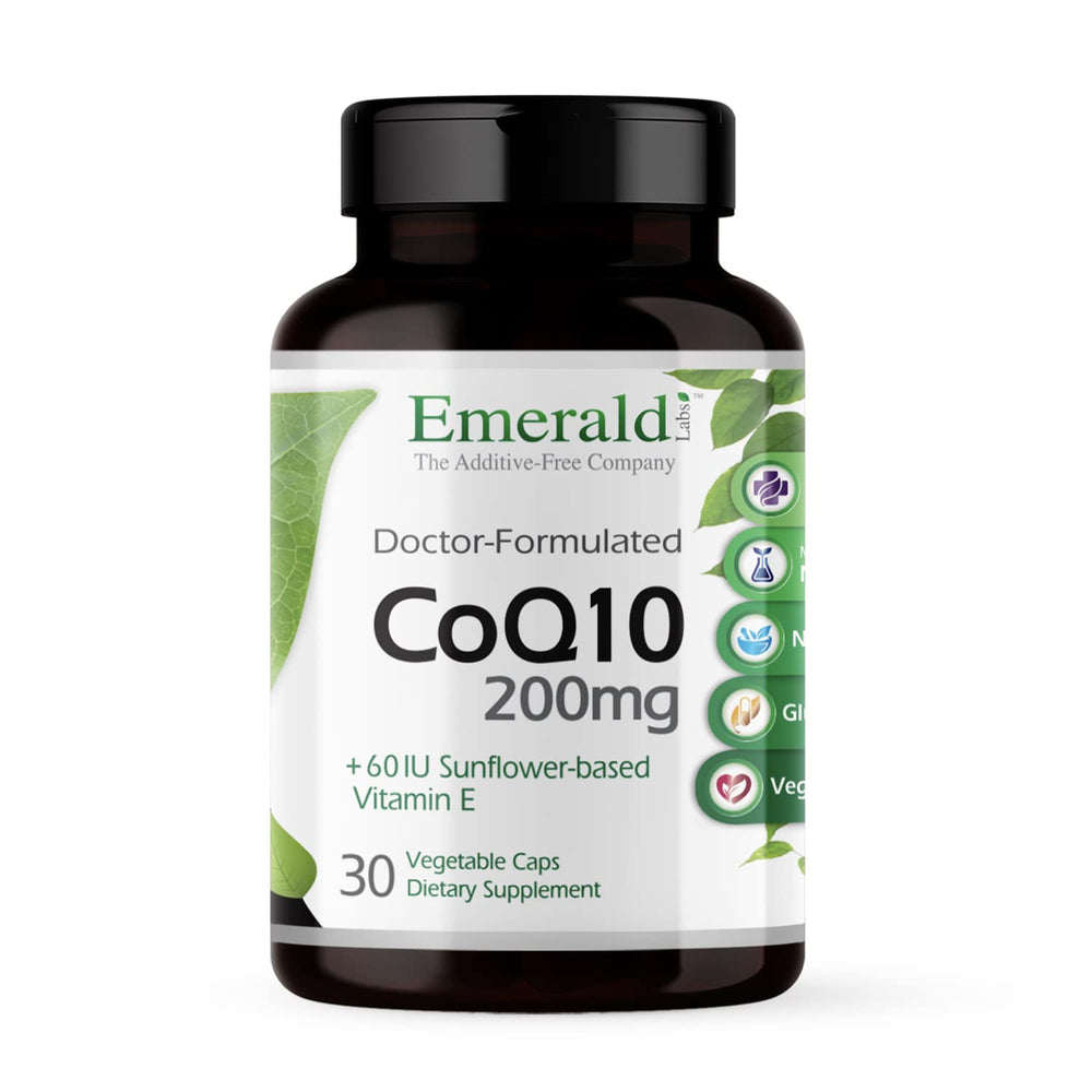 Emerald Labs CoQ10 200mg bottle front showing heart health focus