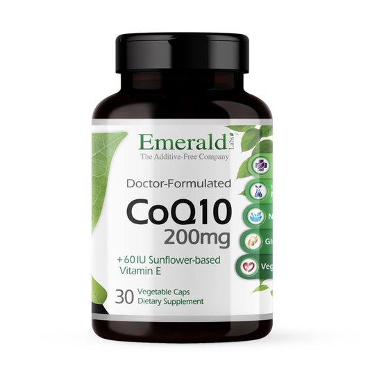 Emerald Labs CoQ10 200mg bottle front showing heart health focus