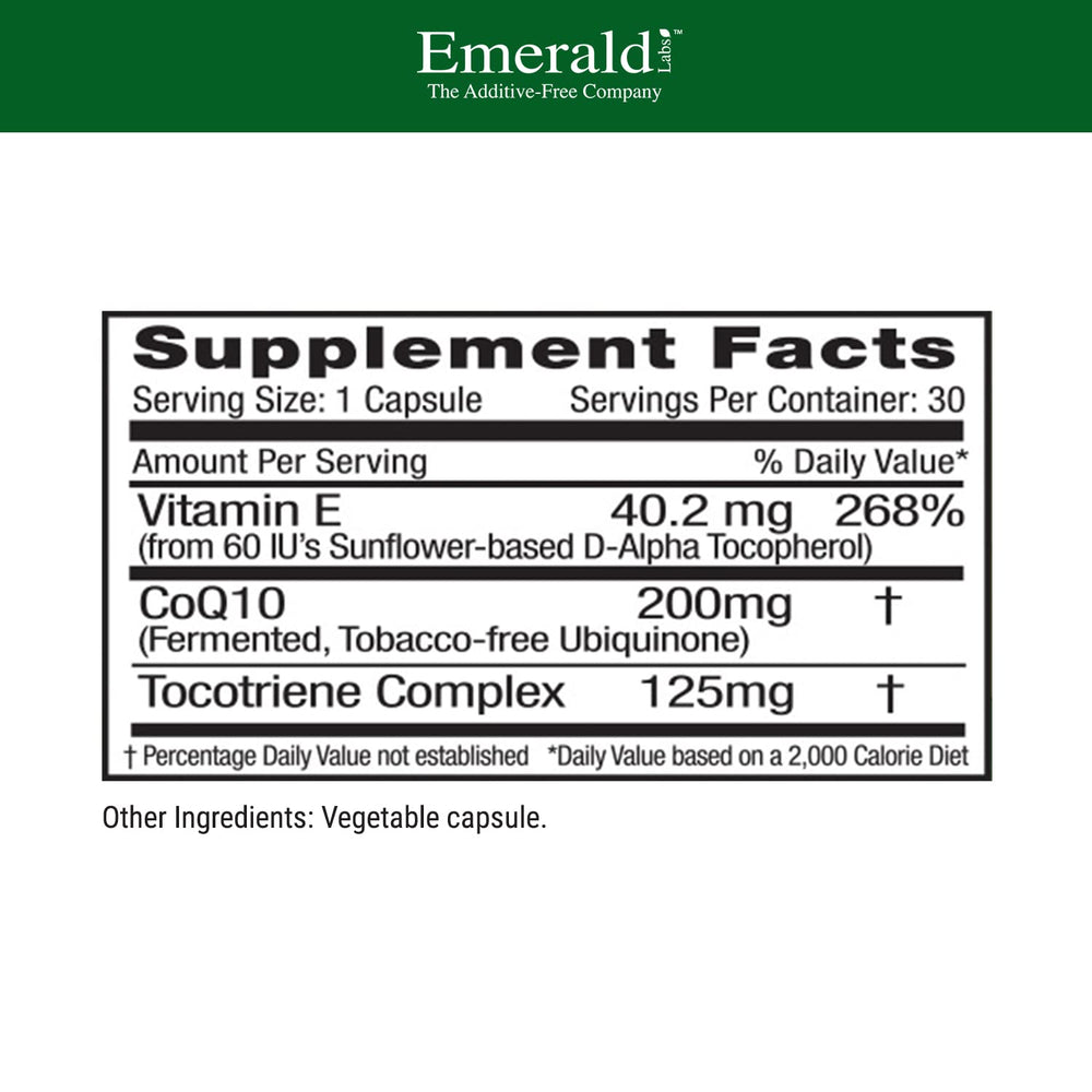 Emerald Labs CoQ10 label highlights natural vitamin E source