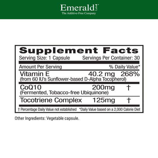 Emerald Labs CoQ10 label highlights natural vitamin E source