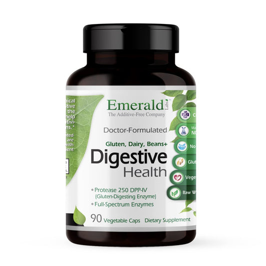 Emerald Labs Digestive Health bottle front with label highlighting probiotic enzymes for gut support.