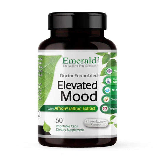 Emerald Labs Elevated Mood bottle showing daily calm support for busy days.