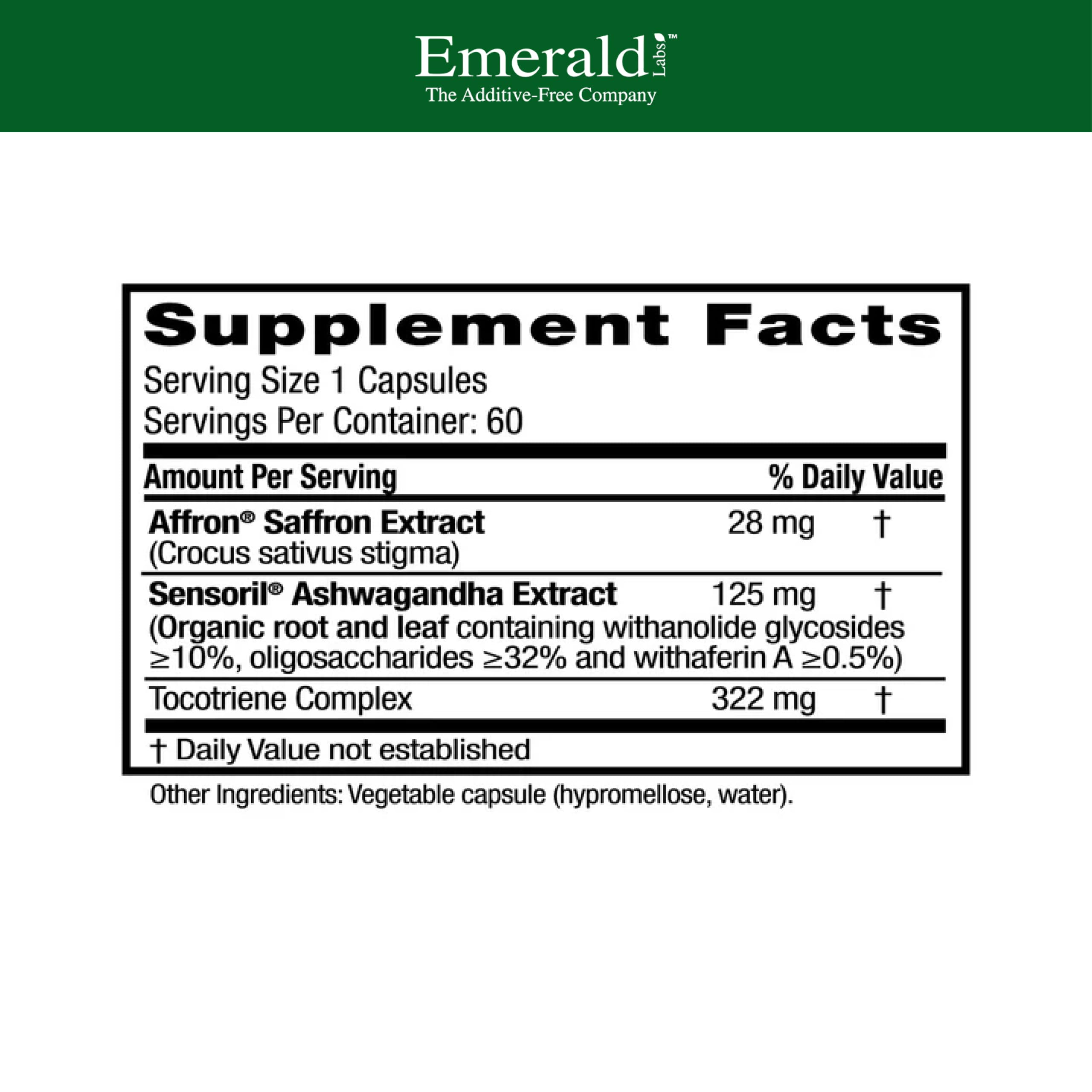 Emerald Labs Elevated Mood capsules highlighting vegan, easy-use mood support.