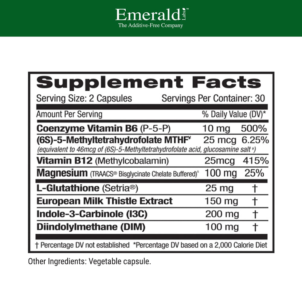 Emerald Labs Estrogen Detox label closeup shows vegan gluten-free formula.
