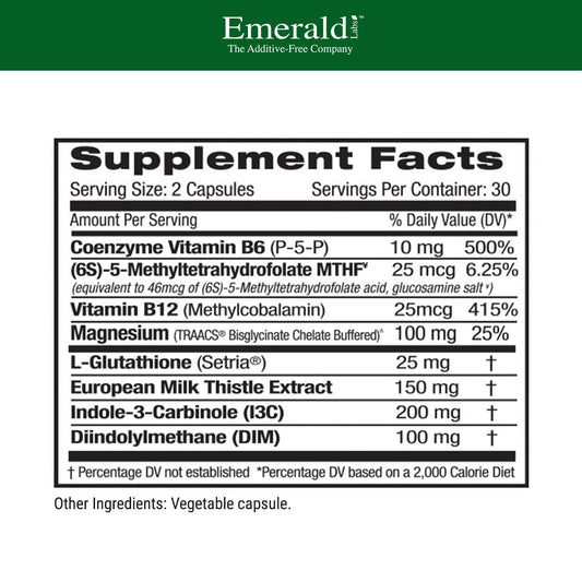Emerald Labs Estrogen Detox label closeup shows vegan gluten-free formula.
