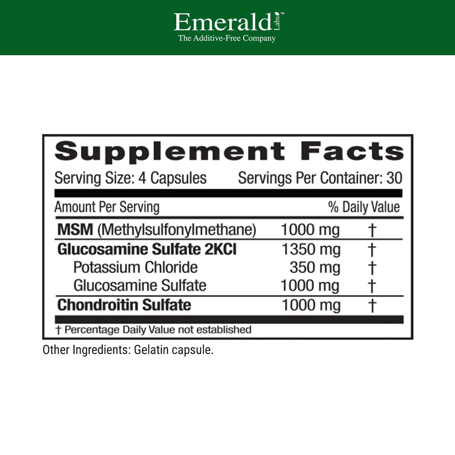 Emerald Labs capsules close-up showing a four-capsule daily serving.