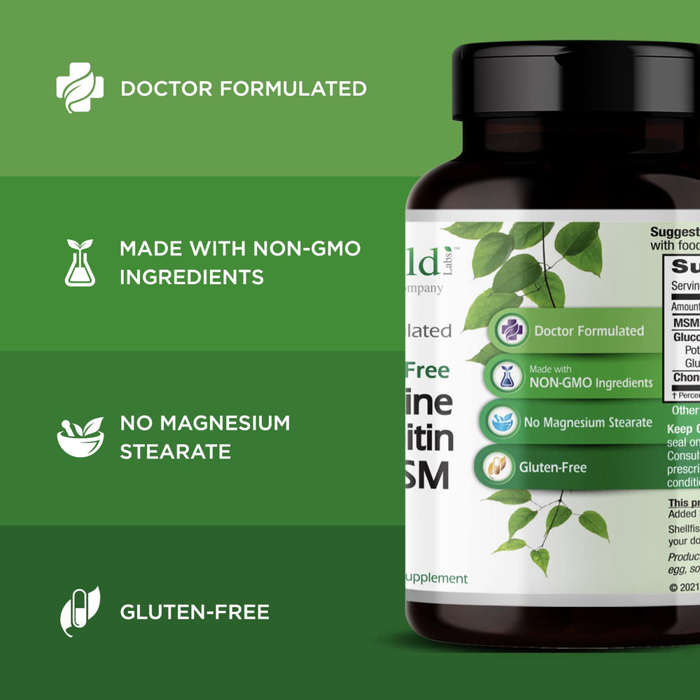 Emerald Labs label highlights 1000 mg MSM and 1350 mg glucosamine per serving.