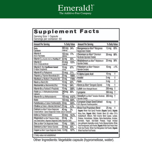 Emerald Labs Men's 1 Daily Multi bottle back displays ingredients and clear usage guidance.